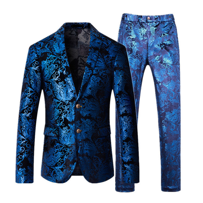 Bărbați auriu imprimeu 2 piese (jachetă+pantaloni) Nuntă/Petrecere Terno Masculino Argintiu Roșu Albastru Primăvară și Toamnă Costum Nou Homme S-5xl