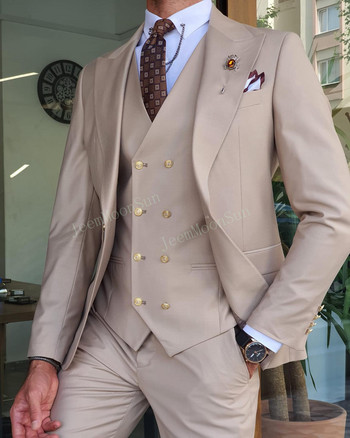 Νέα λευκή ανδρική φόρμα 3 τεμαχίων 2022 Peak Lapel Slim Fit Casual Tuxedos Groom Tailor Made Terno Masculino (Blazer+Pants+ Γιλέκο)