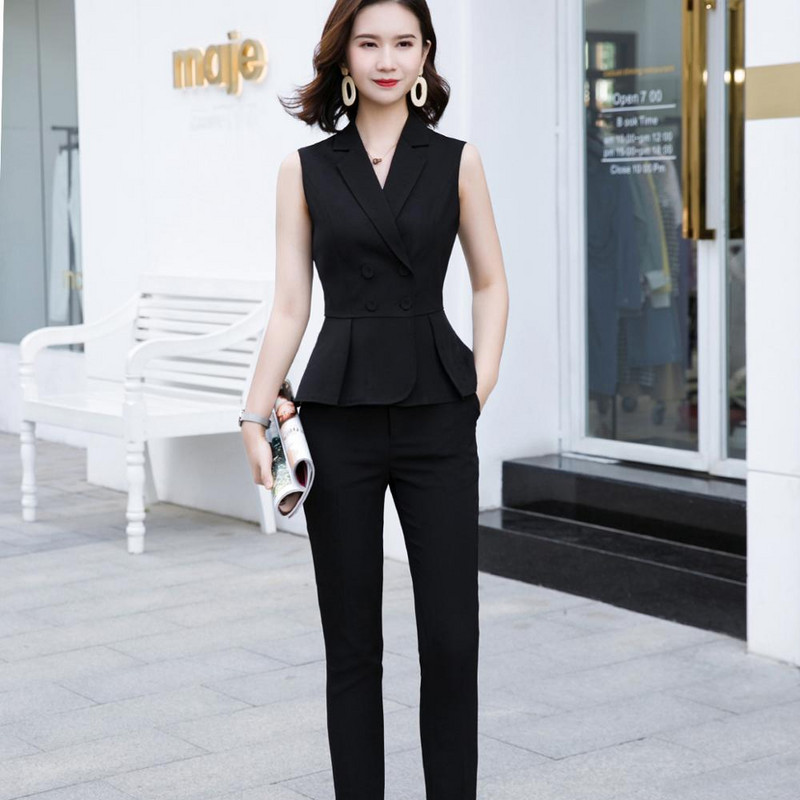 Costum pantalon elegant femei subțire roșu negru alb vestă fără mâneci cu volane blazer și pantaloni set două piese pentru biroul doamnelor de lucru