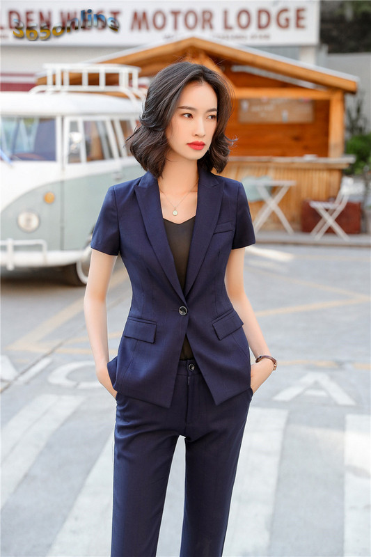 Costume de afaceri formale cu mâneci scurte de vară 2020 cu pantaloni și jachete haine pentru femei Blazere profesionale țesătură de înaltă calitate