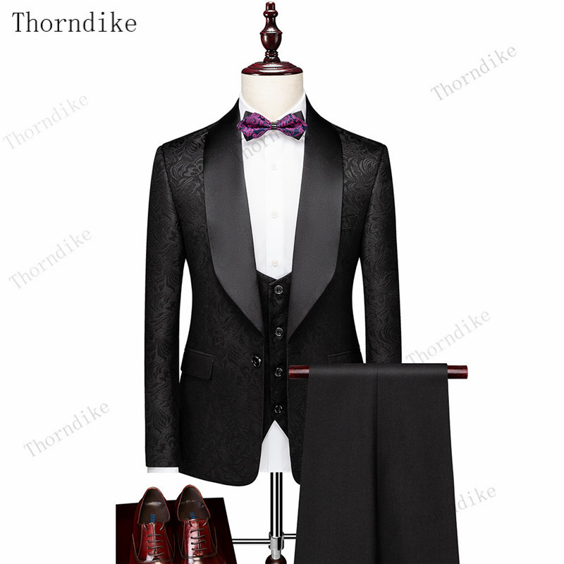 Costume de nuntă pentru bărbați Thorndike Jacquard alb cu guler din satin negru Tuxedo3 buc Costume terno de mire pentru bărbați (jachetă+vestă+pantaloni)