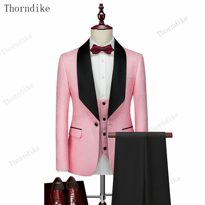Costume de nuntă pentru bărbați Thorndike Jacquard alb cu guler din satin negru Tuxedo3 buc Costume terno de mire pentru bărbați (jachetă+vestă+pantaloni)