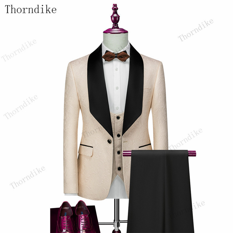 Costume de nuntă pentru bărbați Thorndike Jacquard alb cu guler din satin negru Tuxedo3 buc Costume terno de mire pentru bărbați (jachetă+vestă+pantaloni)