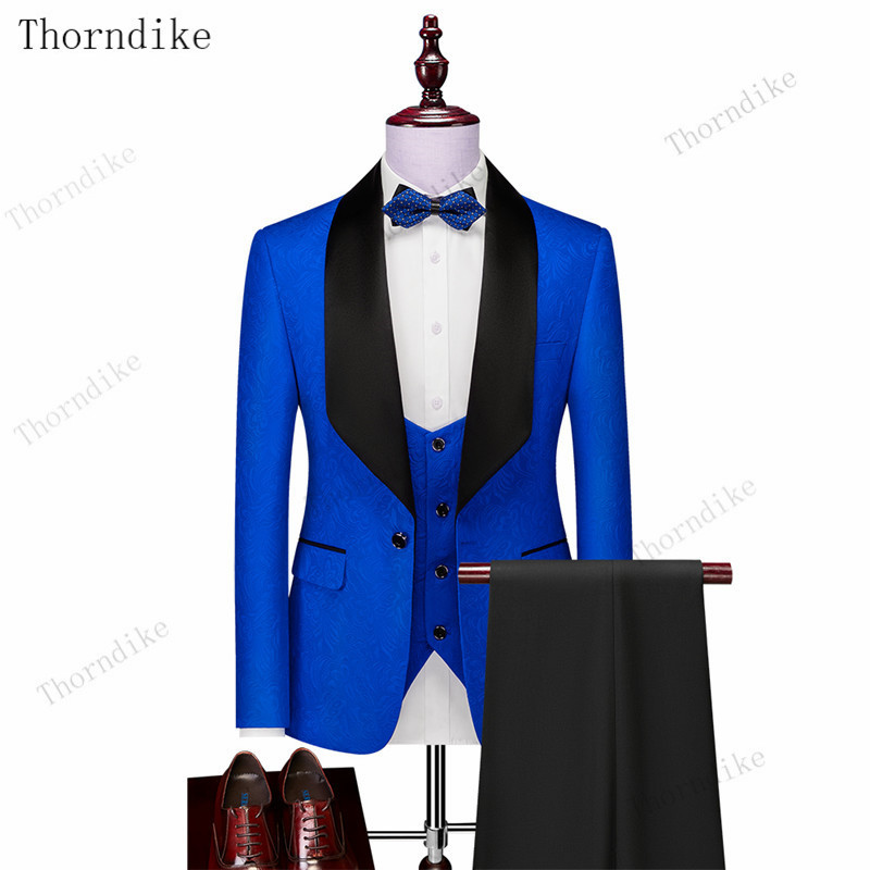 Costume de nuntă pentru bărbați Thorndike Jacquard alb cu guler din satin negru Tuxedo3 buc Costume terno de mire pentru bărbați (jachetă+vestă+pantaloni)