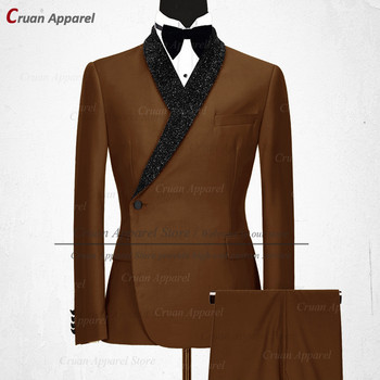 Луксозен официален черен сватбен мъжки комплект костюми Slim Fit Groomsmen Groom Tuxedo Бял нов дизайн Блестящ шал с ревер Блейзър Панталони 2 бр.