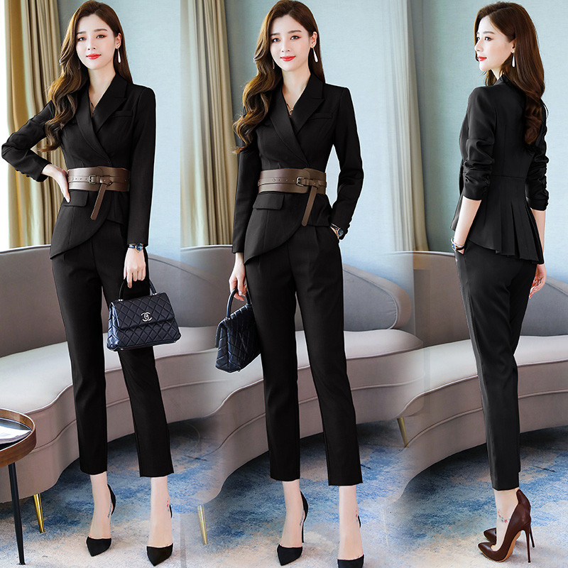 Seturi de pantaloni de afaceri pentru femei noi, toamnă iarnă, set de pantaloni, blazer subțire, cu centură și pantaloni creion, costume pentru femei, set de 2 piese
