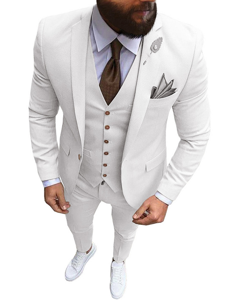Costume pentru bărbați, 3 bucăți, slim fit, ocazional, business, rever, kaki, smoking formale, pentru nunta, domnișoarei (Blazer+Pantaloni+Vest)