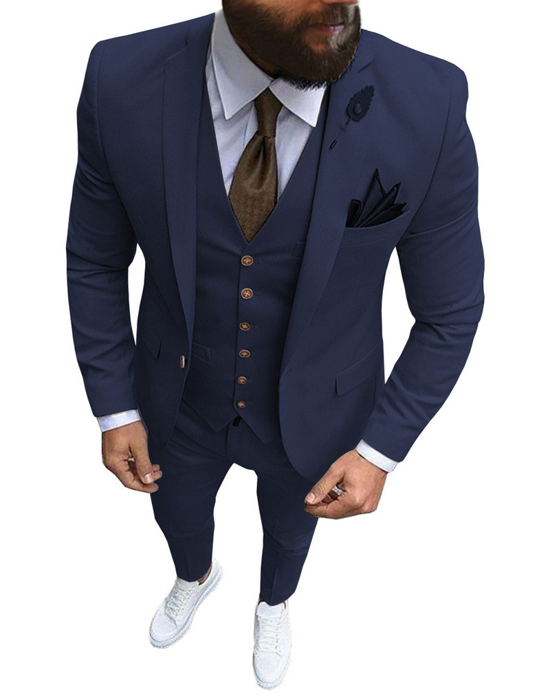 Costume pentru bărbați, 3 bucăți, slim fit, ocazional, business, rever, kaki, smoking formale, pentru nunta, domnișoarei (Blazer+Pantaloni+Vest)
