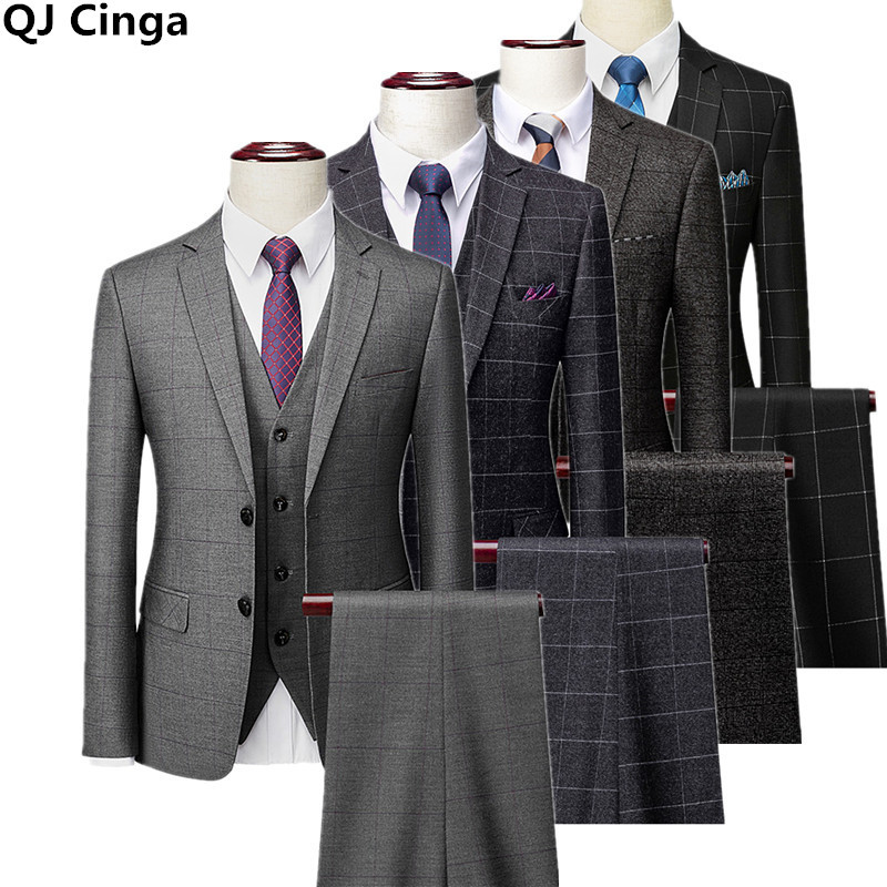 Set 3 piese în carouri gri pentru bărbați, pentru petrecere de nuntă, blazer subțire, haină și pantaloni, vestă, dungi negre, smoking pentru bărbați, costum de afaceri pentru bărbați