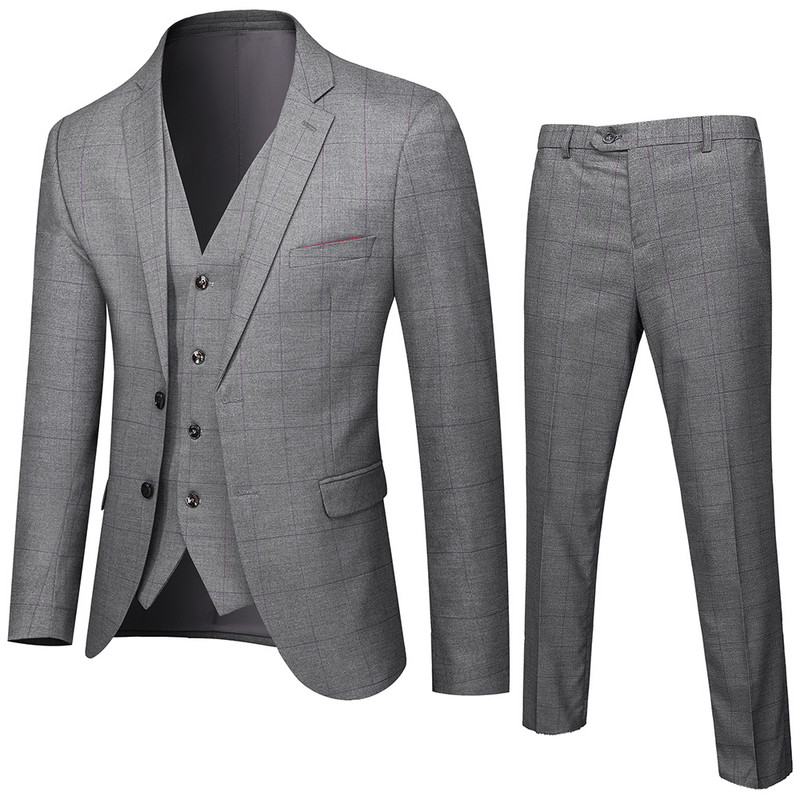 Set 3 piese în carouri gri pentru bărbați, pentru petrecere de nuntă, blazer subțire, haină și pantaloni, vestă, dungi negre, smoking pentru bărbați, costum de afaceri pentru bărbați