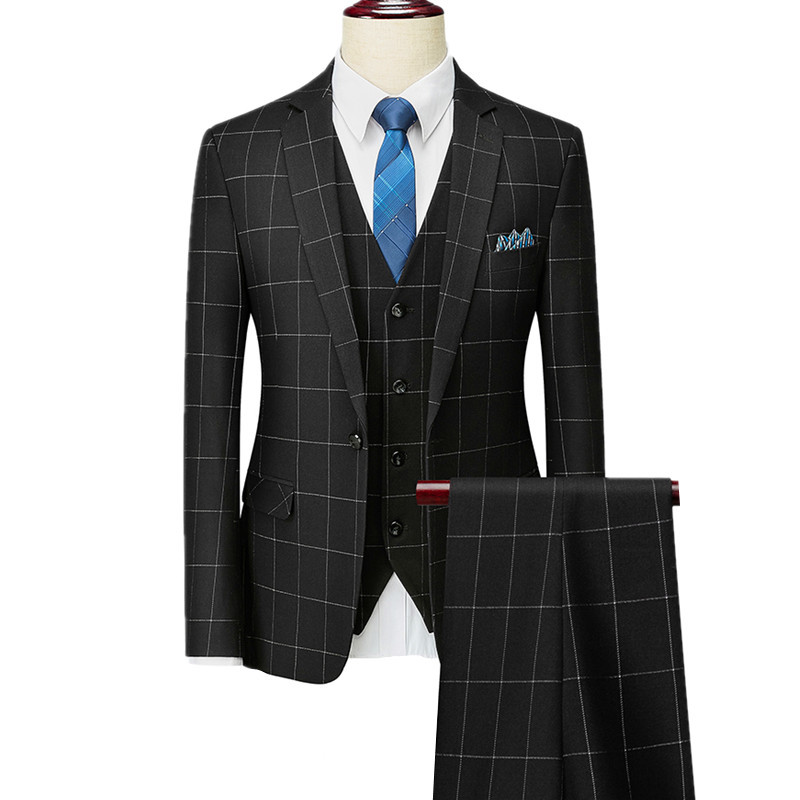 Set 3 piese în carouri gri pentru bărbați, pentru petrecere de nuntă, blazer subțire, haină și pantaloni, vestă, dungi negre, smoking pentru bărbați, costum de afaceri pentru bărbați