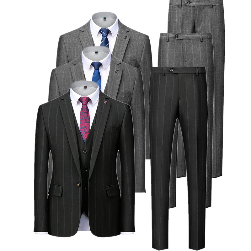 Set 3 piese în carouri gri pentru bărbați, pentru petrecere de nuntă, blazer subțire, haină și pantaloni, vestă, dungi negre, smoking pentru bărbați, costum de afaceri pentru bărbați