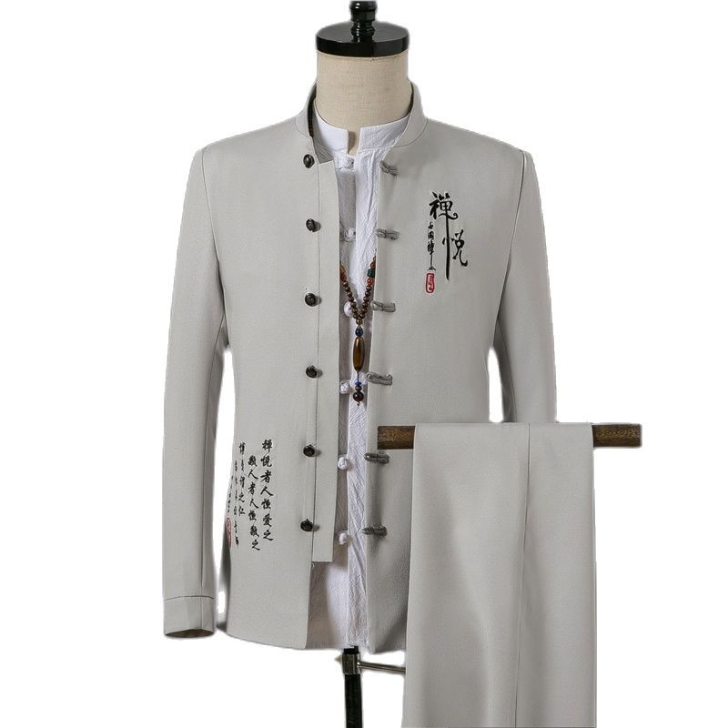 Costume pentru bărbați de marcă de marime mari, chinezesc, guler mandarin, costum pentru bărbați, blazer slim fit, smoking de nuntă, 2 piese, jachetă și pantalon