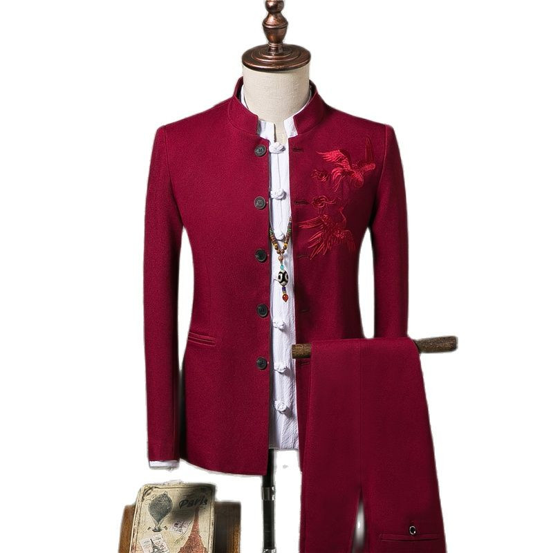 Costume pentru bărbați de marcă de marime mari, chinezesc, guler mandarin, costum pentru bărbați, blazer slim fit, smoking de nuntă, 2 piese, jachetă și pantalon