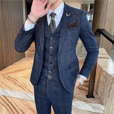 Kék kockás öltöny (3 db) Üzleti/esküvői Terno Masculino Stílusos, karcsú szmokingkabát nadrággal Mellény S-5XL