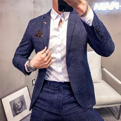 Kék kockás öltöny (3 db) Üzleti/esküvői Terno Masculino Stílusos, karcsú szmokingkabát nadrággal Mellény S-5XL
