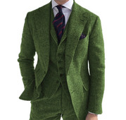 Férfi öltönyök 3 részes zöld gyapjú tweed halszálkás üzleti retro klasszikus mintás szmokingok esküvői blézer nadrág mellény