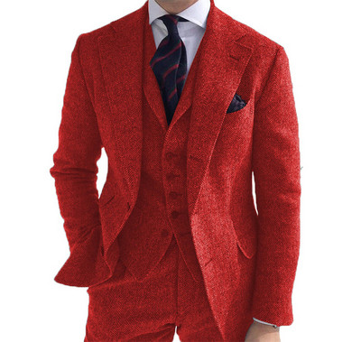 Férfi öltönyök 3 részes zöld gyapjú tweed halszálkás üzleti retro klasszikus mintás szmokingok esküvői blézer nadrág mellény