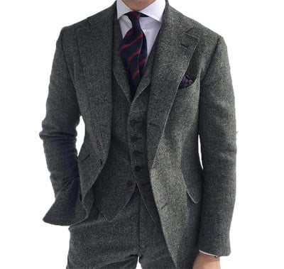 Férfi öltönyök 3 részes zöld gyapjú tweed halszálkás üzleti retro klasszikus mintás szmokingok esküvői blézer nadrág mellény