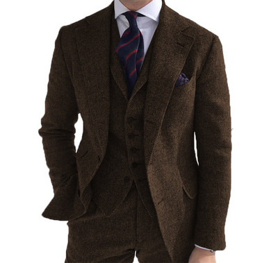 Férfi öltönyök 3 részes zöld gyapjú tweed halszálkás üzleti retro klasszikus mintás szmokingok esküvői blézer nadrág mellény