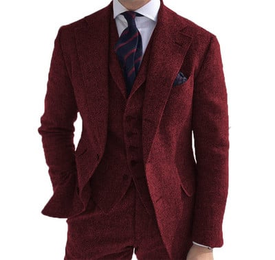 Férfi öltönyök 3 részes zöld gyapjú tweed halszálkás üzleti retro klasszikus mintás szmokingok esküvői blézer nadrág mellény