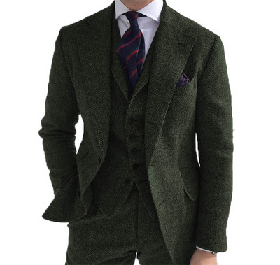 Férfi öltönyök 3 részes zöld gyapjú tweed halszálkás üzleti retro klasszikus mintás szmokingok esküvői blézer nadrág mellény
