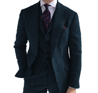 Férfi öltönyök 3 részes zöld gyapjú tweed halszálkás üzleti retro klasszikus mintás szmokingok esküvői blézer nadrág mellény