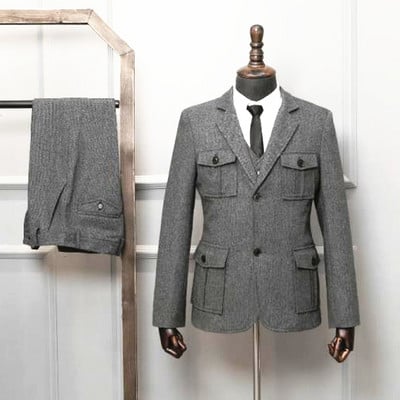 Férfi öltönyök 3 részes zöld gyapjú tweed halszálkás üzleti retro klasszikus mintás szmokingok esküvői blézer nadrág mellény