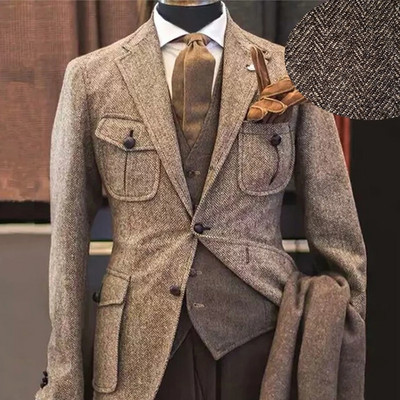 Férfi öltönyök 3 részes zöld gyapjú tweed halszálkás üzleti retro klasszikus mintás szmokingok esküvői blézer nadrág mellény