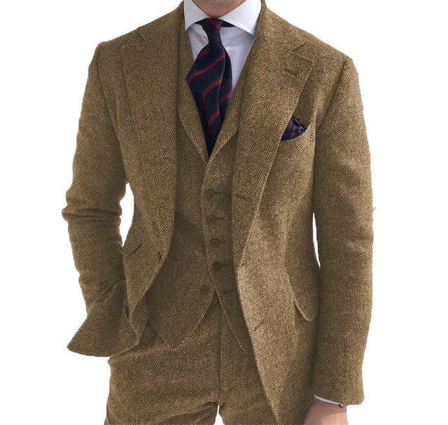 Costume pentru bărbați 3 bucăți verde lână tweed țesut de pește Business model retro clasic smoking pentru nuntă blazer pantaloni vestă