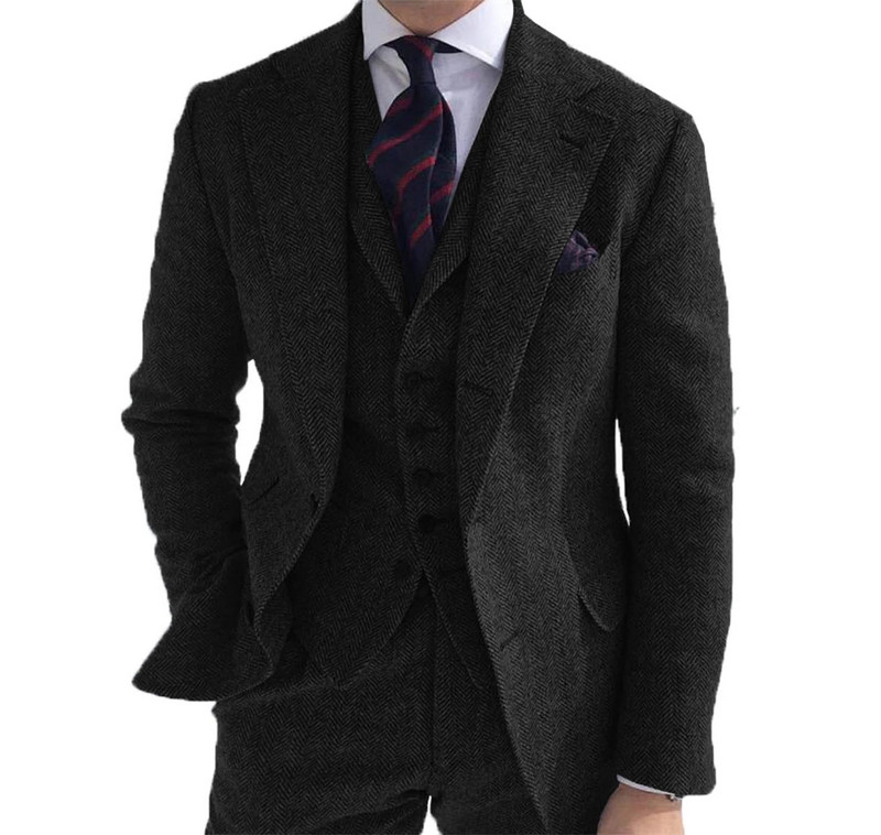 Costume pentru bărbați 3 bucăți verde lână tweed țesut de pește Business model retro clasic smoking pentru nuntă blazer pantaloni vestă