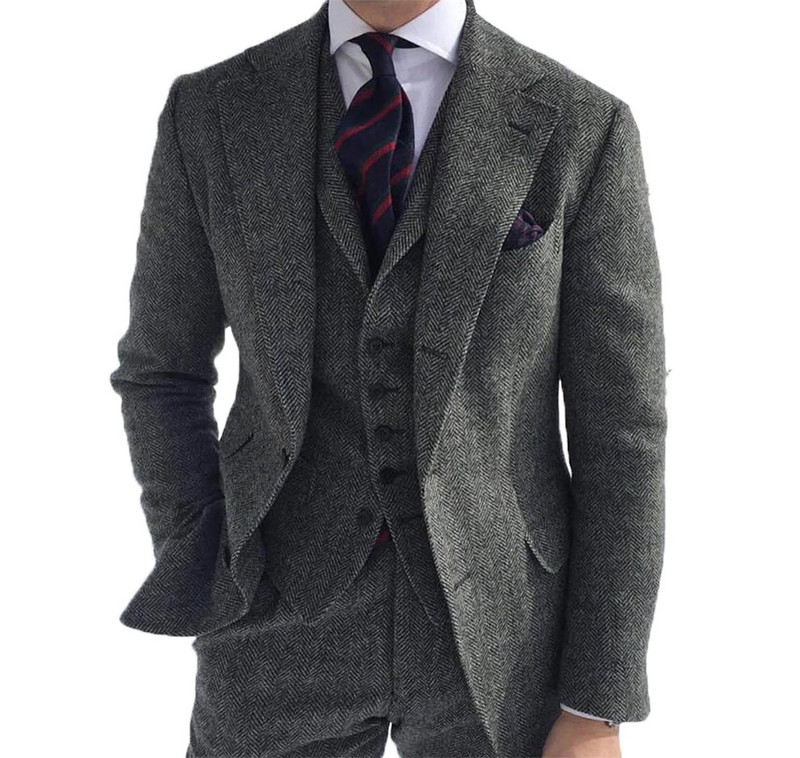 Costume pentru bărbați 3 bucăți verde lână tweed țesut de pește Business model retro clasic smoking pentru nuntă blazer pantaloni vestă