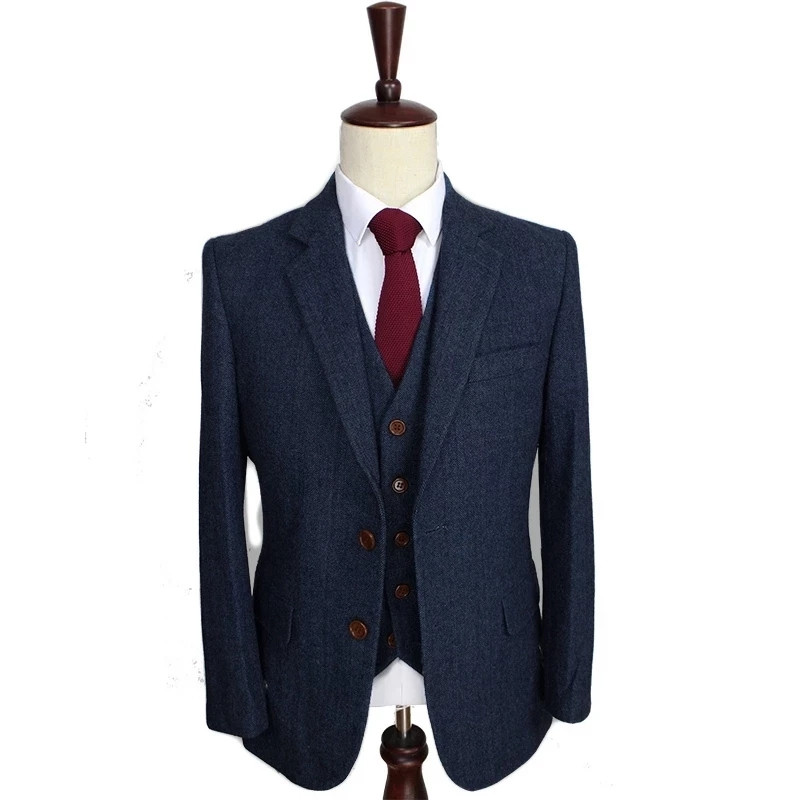 Costume pentru bărbați 3 bucăți verde lână tweed țesut de pește Business model retro clasic smoking pentru nuntă blazer pantaloni vestă