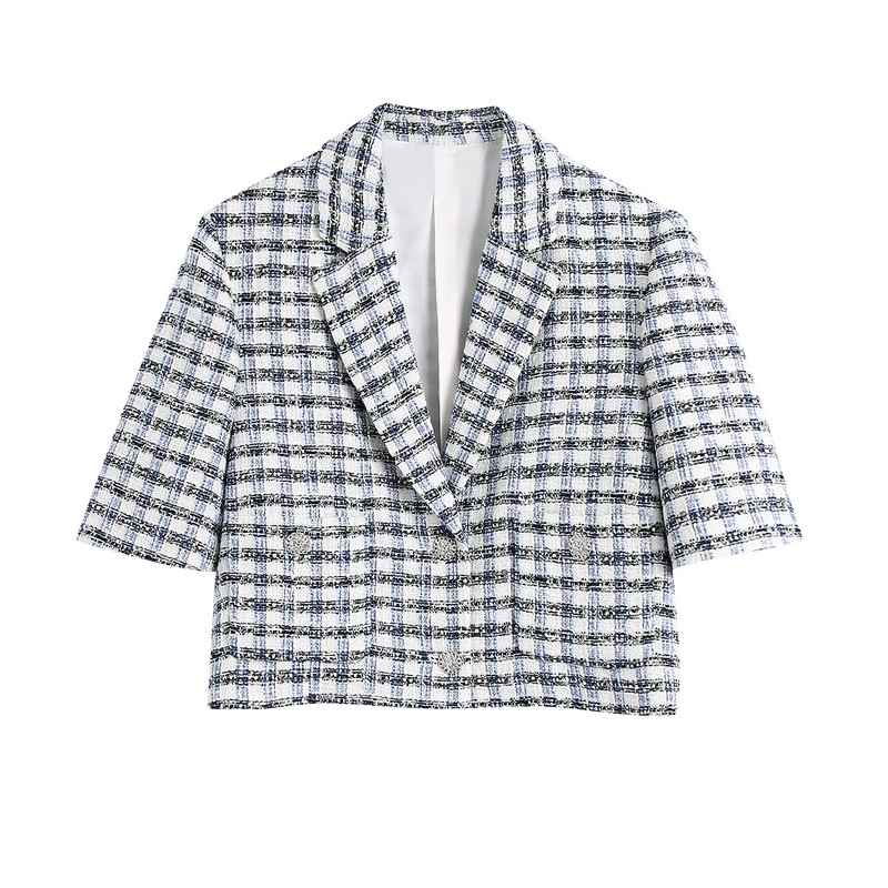 Za 2021 Costum de birou elegant în carouri pentru femei, cu decolteu în V, blazer scurt cu piept dublu și pantaloni scurți cu fermoar cu talie înaltă Seturi elegante pentru femei