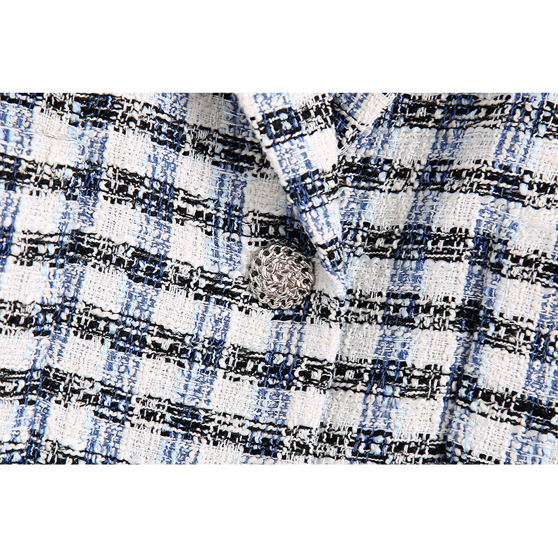 Za 2021 Costum de birou elegant în carouri pentru femei, cu decolteu în V, blazer scurt cu piept dublu și pantaloni scurți cu fermoar cu talie înaltă Seturi elegante pentru femei