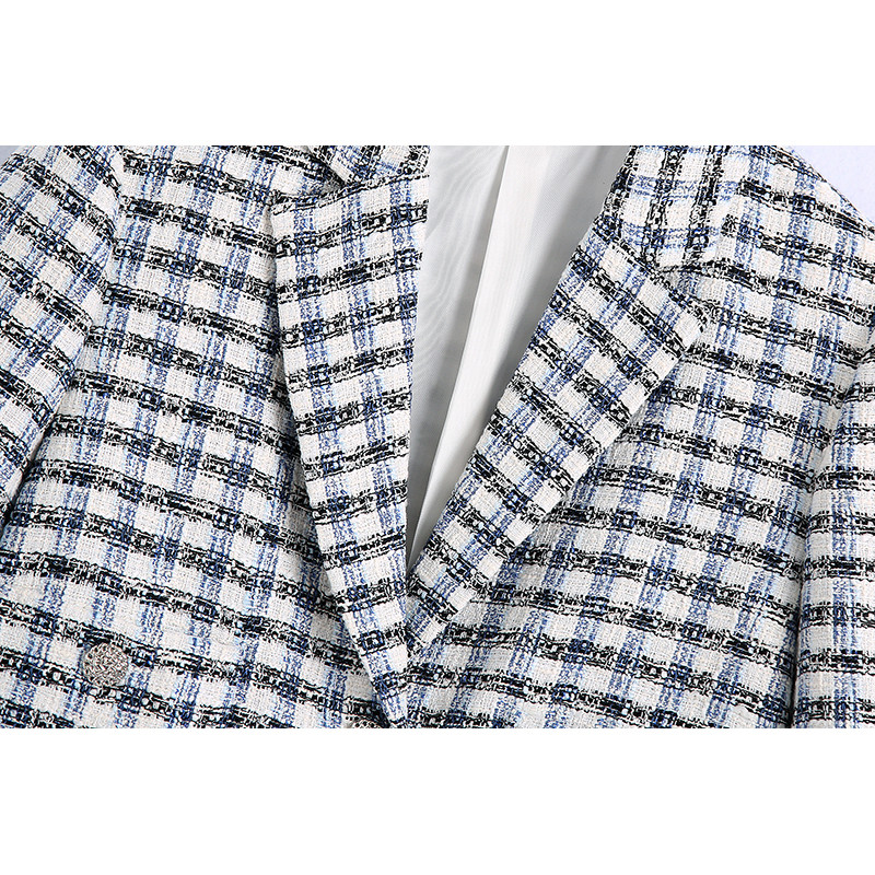 Za 2021 Costum de birou elegant în carouri pentru femei, cu decolteu în V, blazer scurt cu piept dublu și pantaloni scurți cu fermoar cu talie înaltă Seturi elegante pentru femei