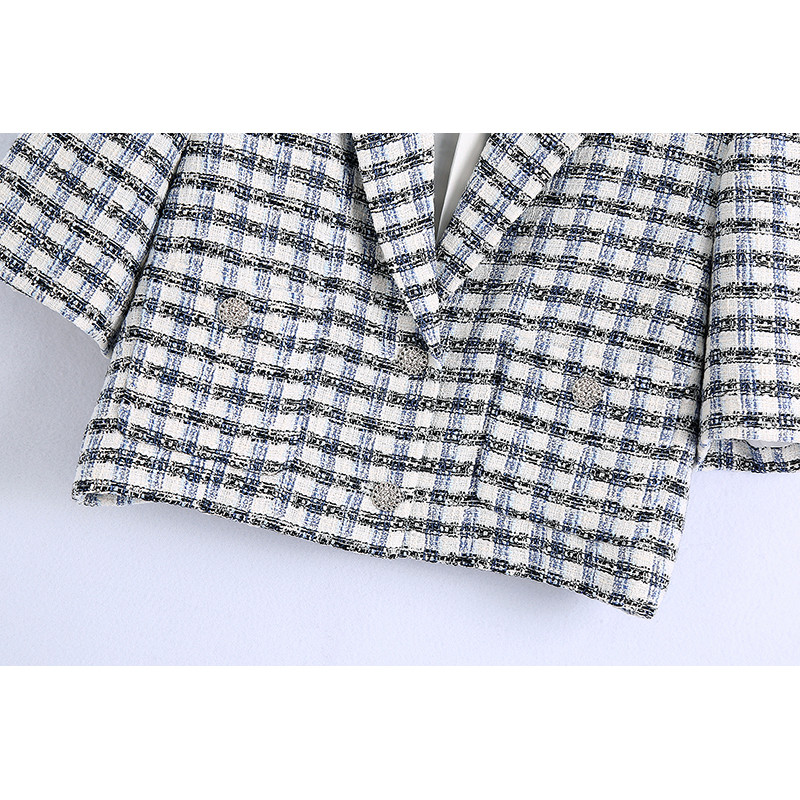 Za 2021 Costum de birou elegant în carouri pentru femei, cu decolteu în V, blazer scurt cu piept dublu și pantaloni scurți cu fermoar cu talie înaltă Seturi elegante pentru femei