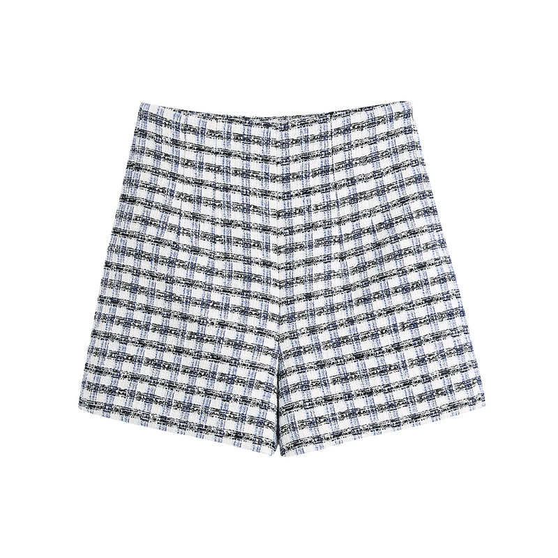 Za 2021 Costum de birou elegant în carouri pentru femei, cu decolteu în V, blazer scurt cu piept dublu și pantaloni scurți cu fermoar cu talie înaltă Seturi elegante pentru femei