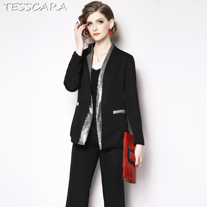 TESSCARA Blazer elegant cu paiete pentru femei Set de costum pantaloni de designer Costume interviu și blazer Blazer de înaltă calitate pentru femei de birou