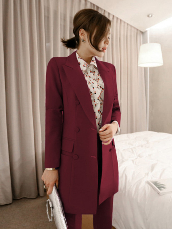 Noua moda coreeana 2 piese tinute costume femei temperament formal palton dublu piept costum blazer pantaloni cu crapata pantaloni seturi slim