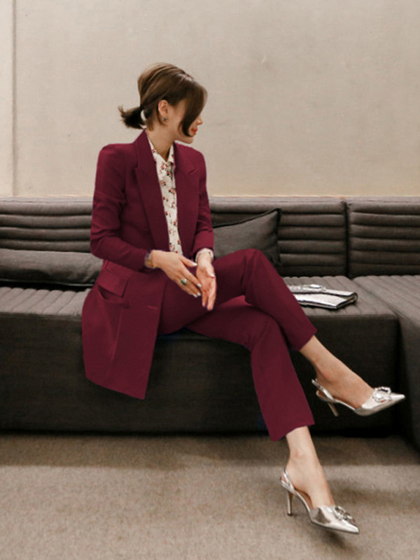 Noua moda coreeana 2 piese tinute costume femei temperament formal palton dublu piept costum blazer pantaloni cu crapata pantaloni seturi slim