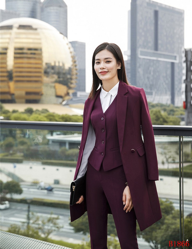 Costume de afaceri pentru femei Seturi de vestă, pantaloni și jachete 3 piese Trenci violet Blazer lung Îmbrăcăminte de lucru pentru femei