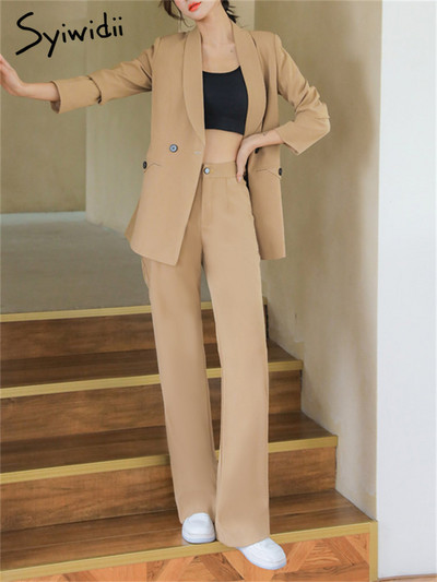 Syiwidii Set de costume pentru femei 2023, nou, solid, cu mânecă lungă, cu crestătură, elegantă, ocazională, set de pantaloni evazați cu talie înaltă.
