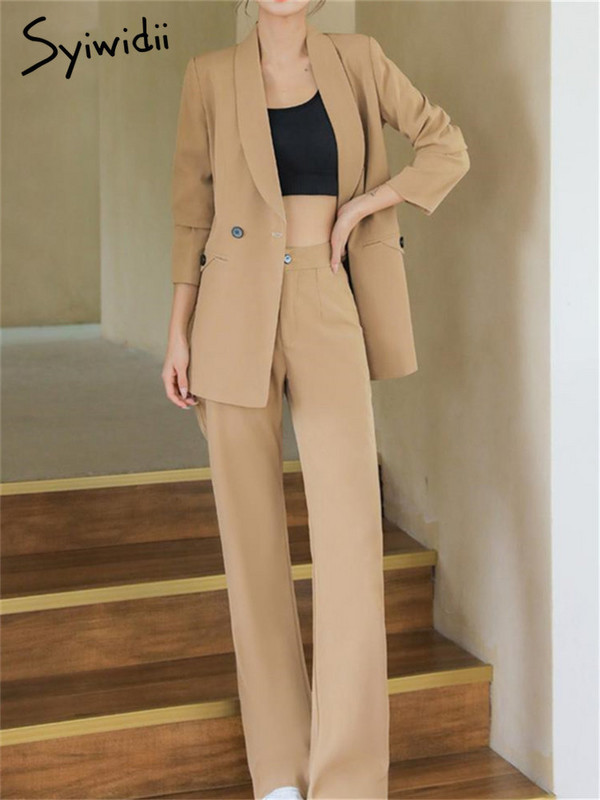 Syiwidii Set de costume pentru femei 2023, nou, solid, cu mânecă lungă, cu crestătură, elegantă, ocazională, set de pantaloni evazați cu talie înaltă.