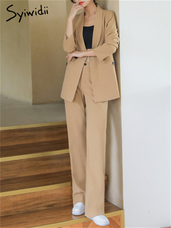 Syiwidii Set de costume pentru femei 2023, nou, solid, cu mânecă lungă, cu crestătură, elegantă, ocazională, set de pantaloni evazați cu talie înaltă.