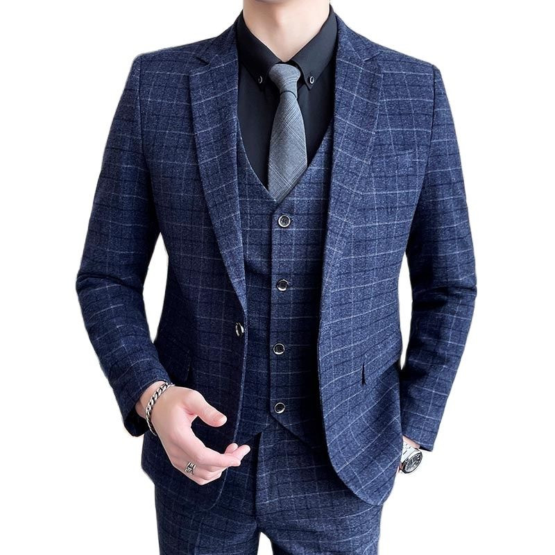 Costum în carouri cu dungi gri Rochie de birou de afaceri pentru bărbați, trei piese, haină și pantaloni, vestă, modă, subțire, Terno Masculino