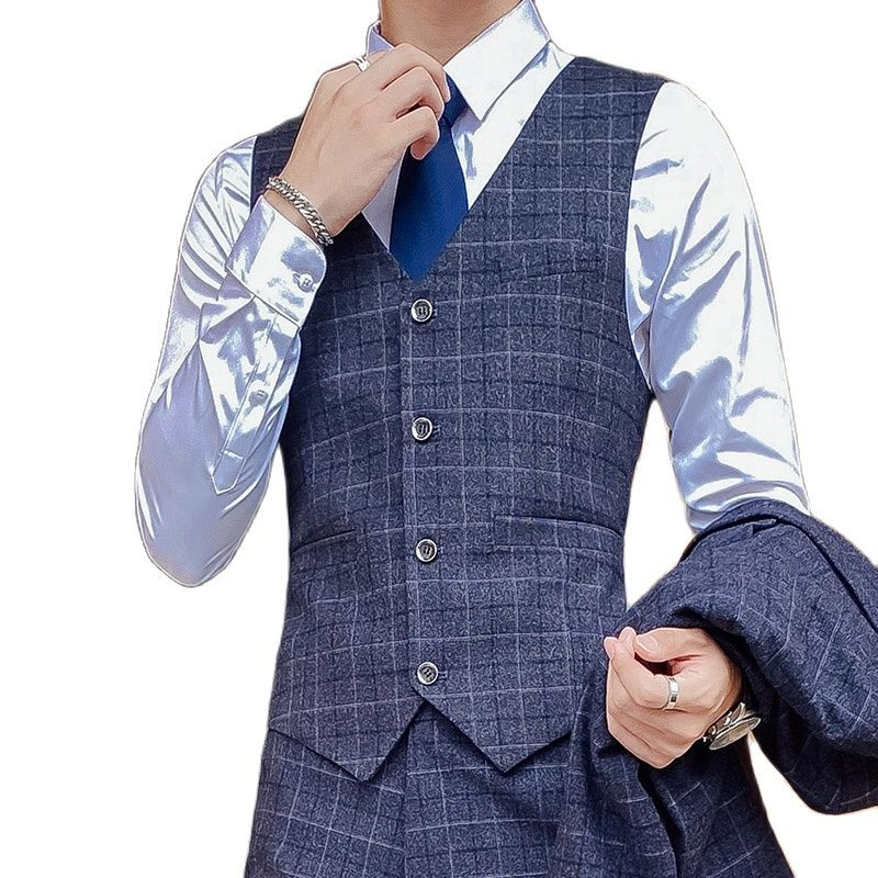 Costum în carouri cu dungi gri Rochie de birou de afaceri pentru bărbați, trei piese, haină și pantaloni, vestă, modă, subțire, Terno Masculino