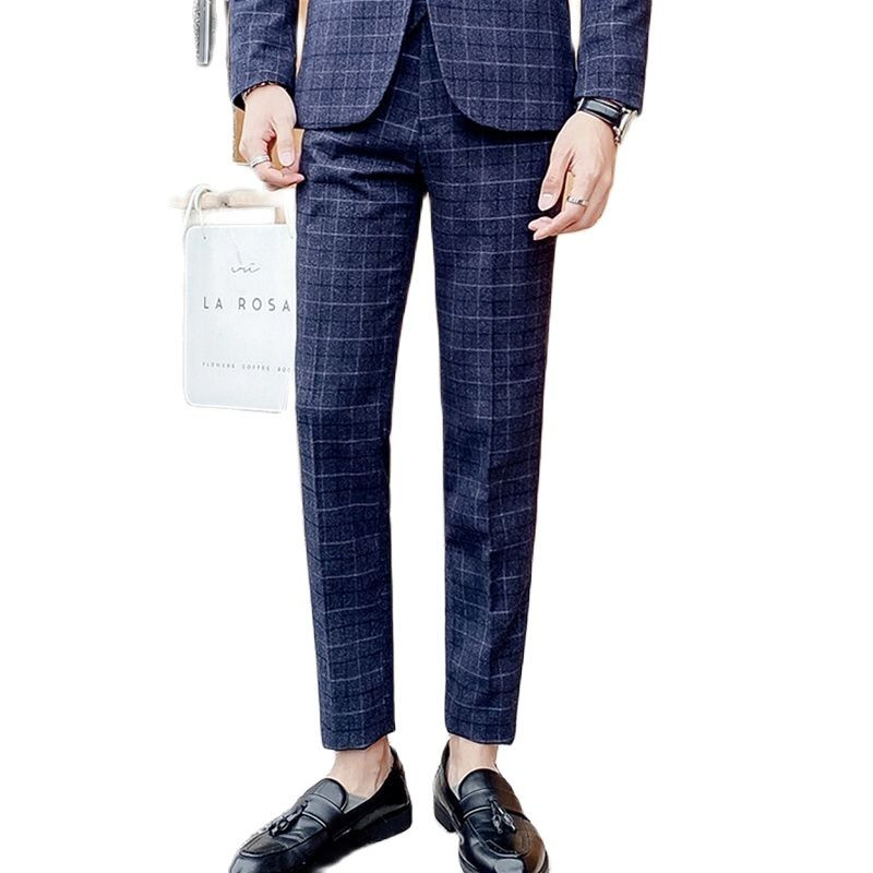 Costum în carouri cu dungi gri Rochie de birou de afaceri pentru bărbați, trei piese, haină și pantaloni, vestă, modă, subțire, Terno Masculino