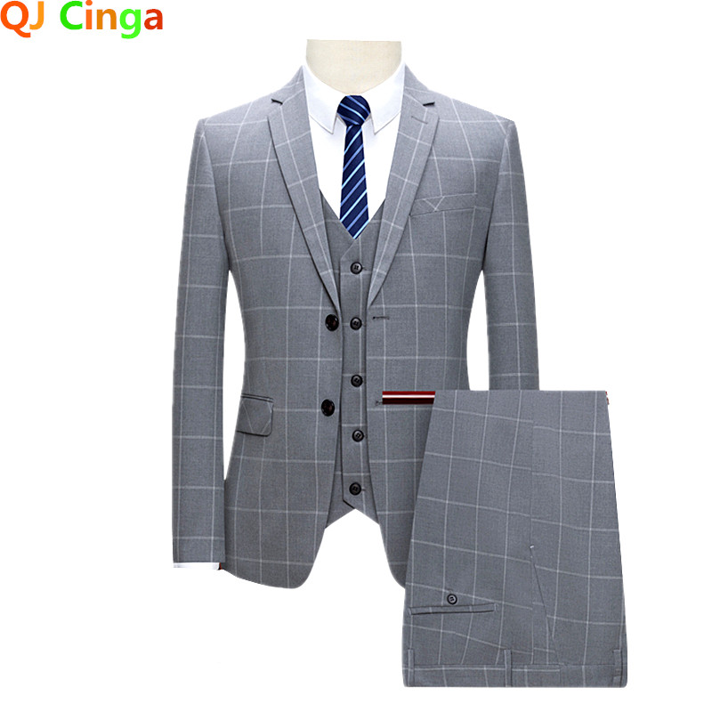 Nuntă de afaceri Formal carouri din trei piese bărbați rochie cu decolteu în V haină și pantaloni vestă la modă subțire Terno Masculino