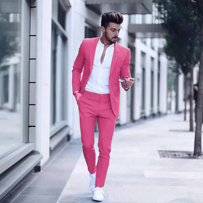2021-es alkalmi divatos luxus üzleti férfi öltöny esküvői partira Szmoking Slim Fit Peak Lapel Rózsaszín férfi öltöny (kabát + nadrág)